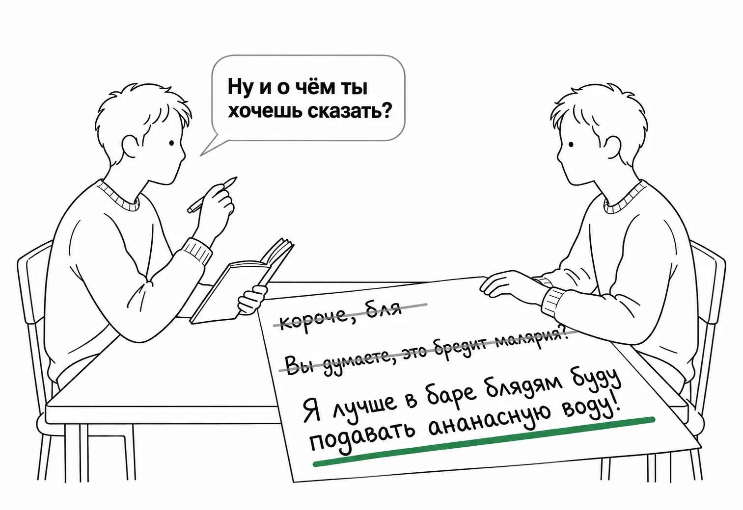 Интервью с самим собой: два одинаковых человечка за столом, у одного блокнот с вопросом, у другого черновик с зачёркнутыми строчками и одной подчёркнутой