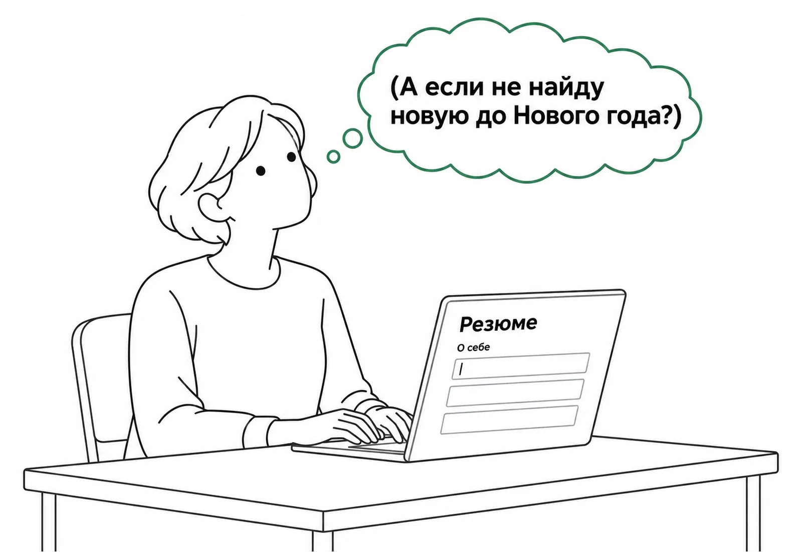 Рисунок: человек сидит за ноутбуком над пустым резюме и думает, что будет, если не найти новую работу до Нового года