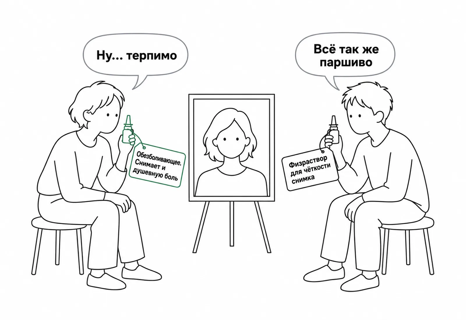 Двое смотрят на фото бывшего с одинаковыми спреями: на одном ярлык «обезболивающее», на другом «физраствор»