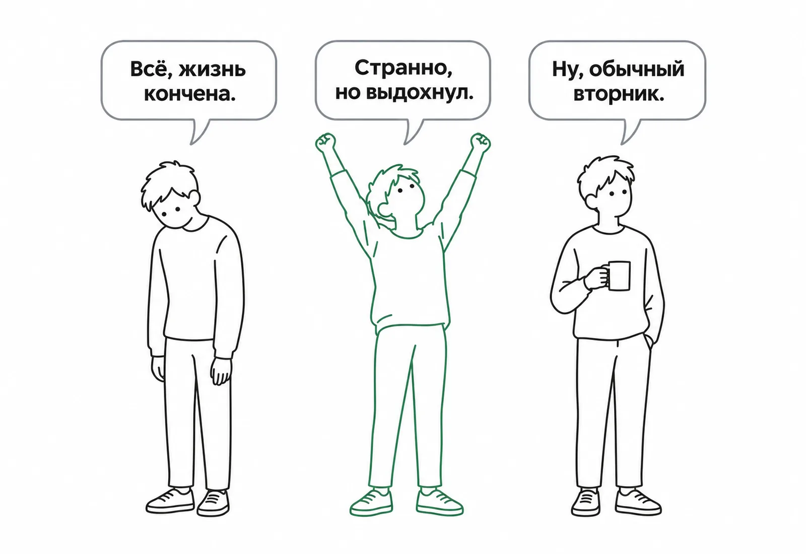 Трое после разрыва: «Всё, жизнь кончена», «Странно, но выдохнул», «Ну, обычный вторник»